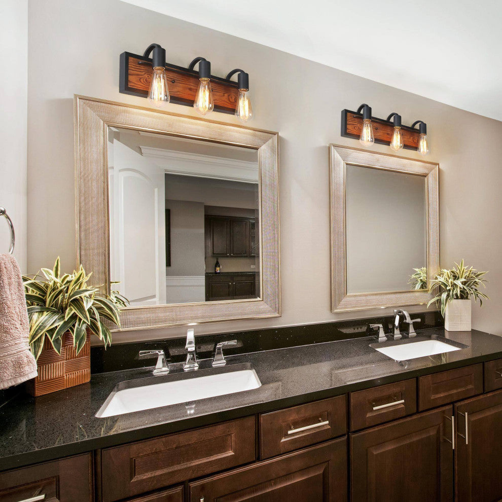 LALUZ 3-Light 21.3-in Wood Brown and Black Farmhouse Vanity Light Bar