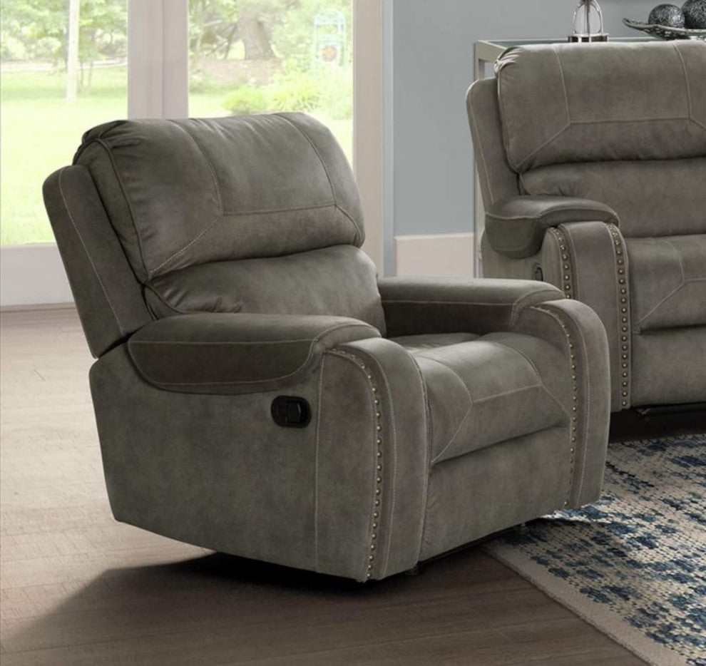 41" Wide Recliner, Reclining Chair, Nailheads, Easy To Clean Gray Fabric