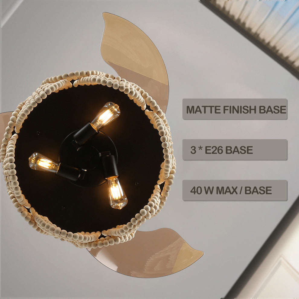 42" BoHo Ceiling Fanlight with Retractable Blades and Wooden Beads Accents, Black