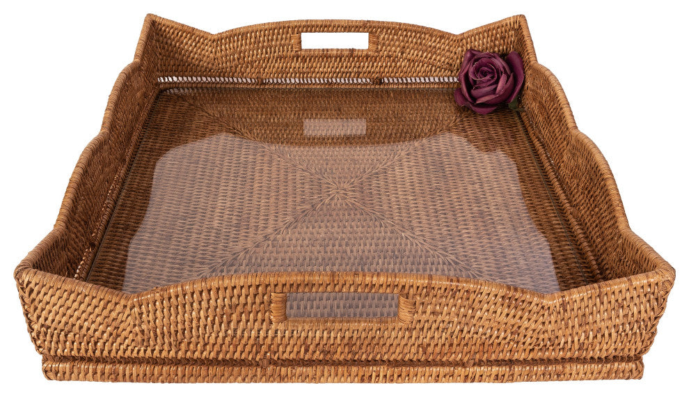 Artifacts Rattan™ Square Tray With Glass Insert, Honey Brown, 20"x20"x4.5"