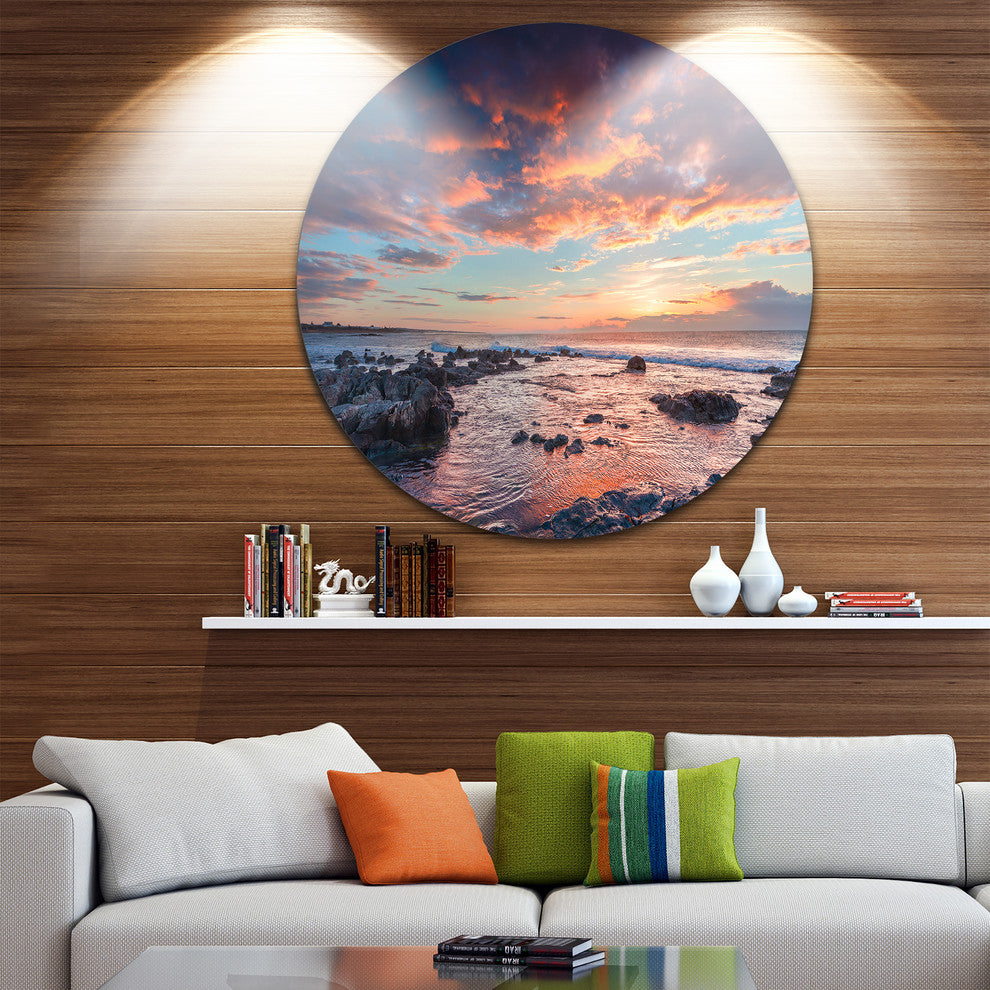 Passero Cape Spring Sunrise, Seashore Photo Round Wall Art, 36"