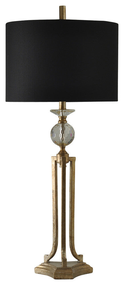 Vintage Gold Metal and Glass Lamp with Black Fabric Drum Shade