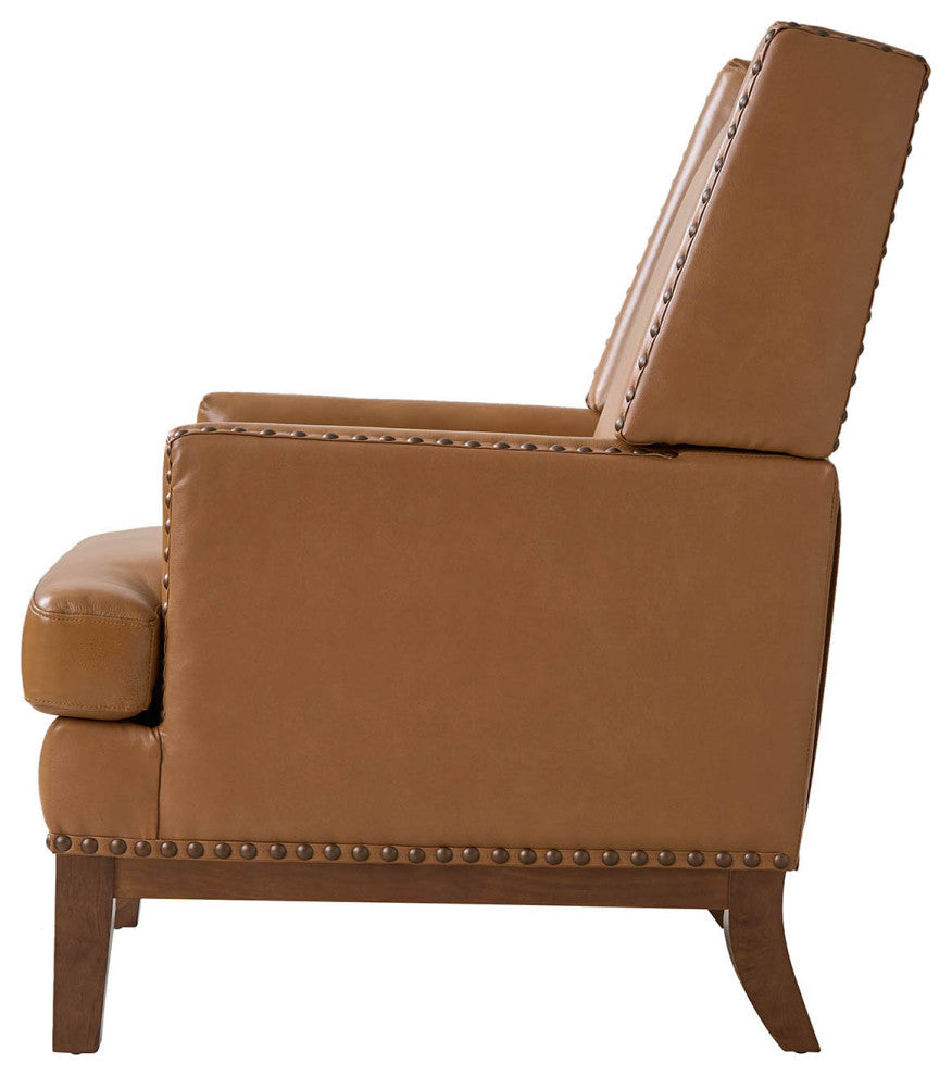 30"W Mid-Century Style Genuine Leather Armchair With Solid Wood Frame, Camel