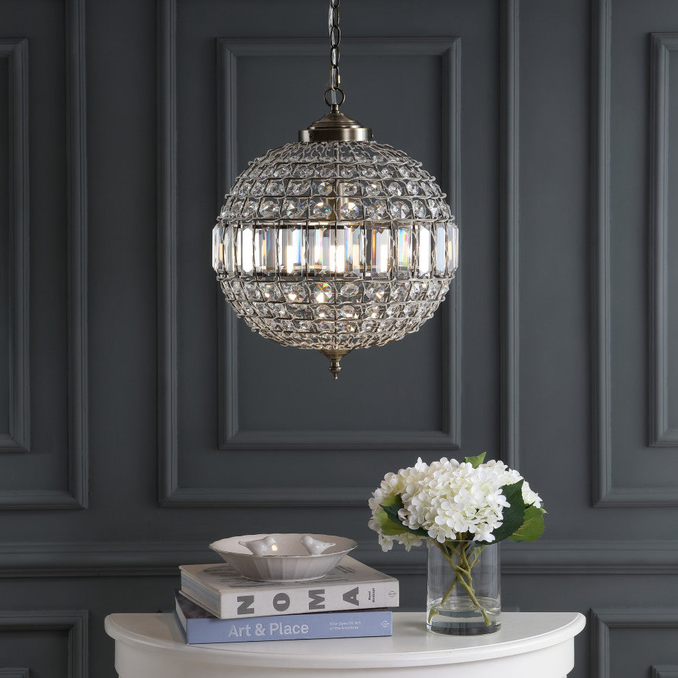 Georgina Crystal, Metal LED Chandelier Pendant, Antique Brass, 16"