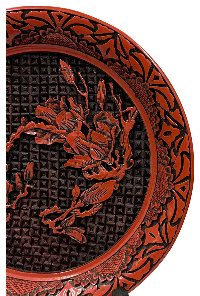 Mid-20th Century Chinese Hand Carved Cinnabar Lacquer Plate