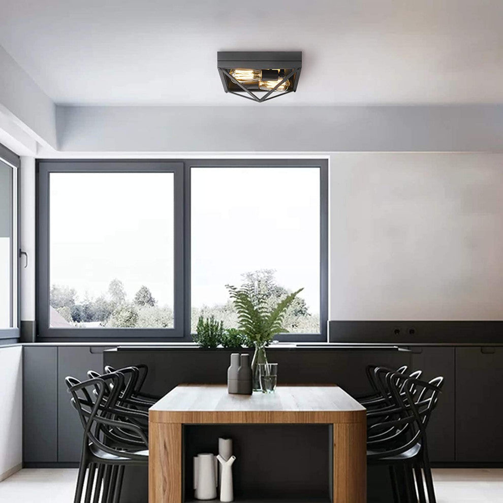 2 Light Close To Ceiling Light Fixture, Farmhouse, Black Flush Mount