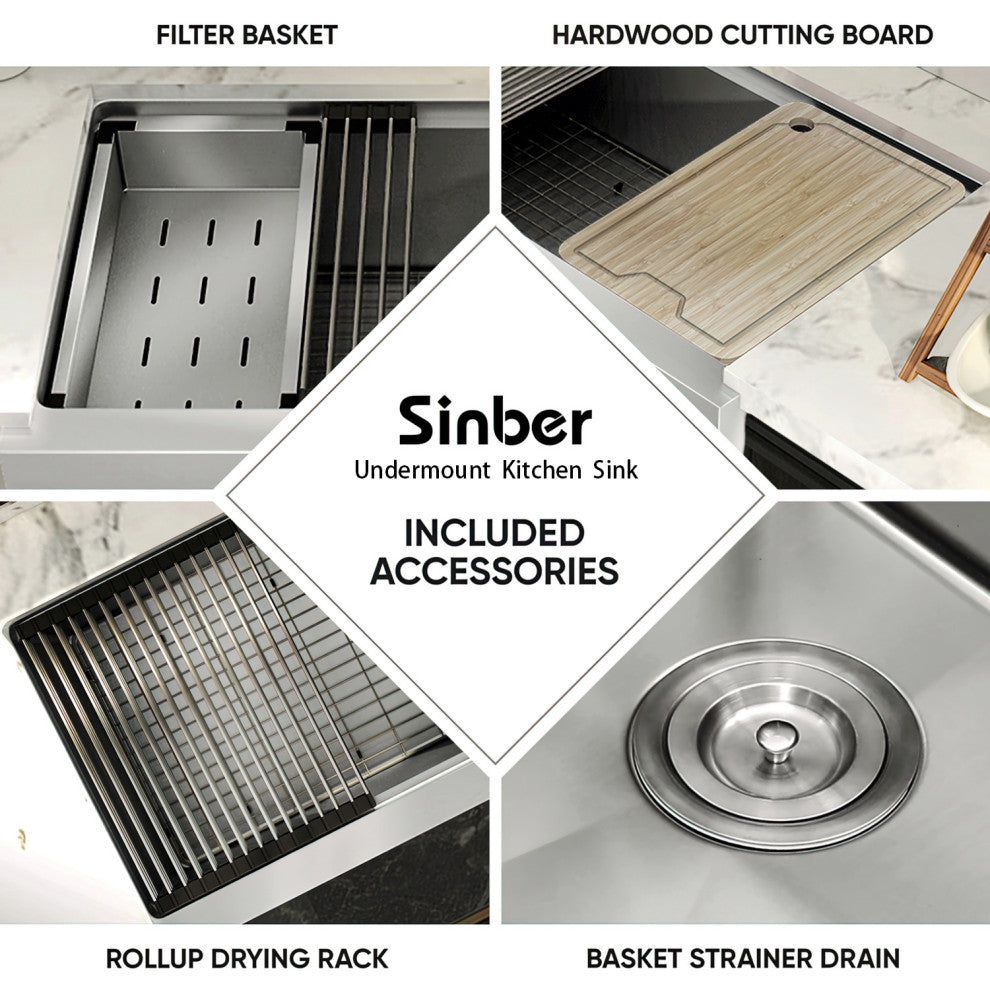 Sinber Single Bowl Kitchen Sink with 304 Stainless Steel Satin Finish, 30"x19" Workstation, Undermount