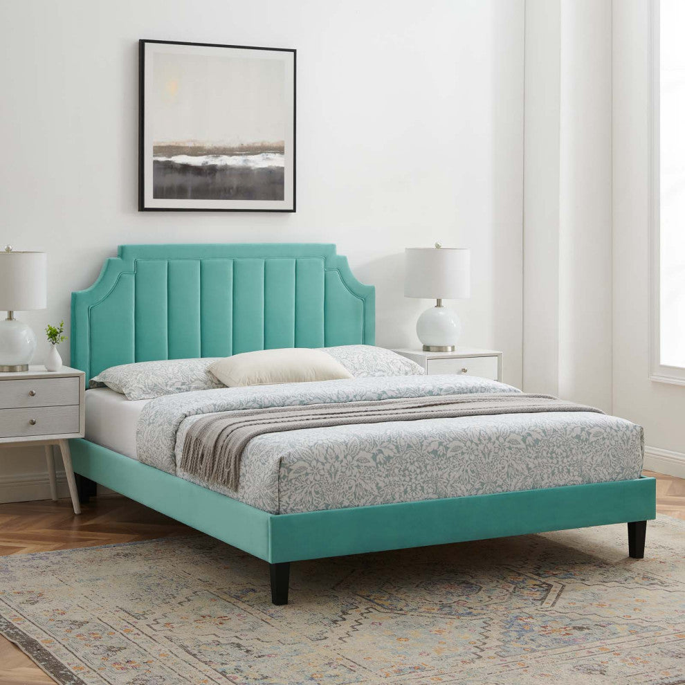 Platform Bed Frame, King Size, Velvet, Blue, Modern Contemporary, Bedroom Master