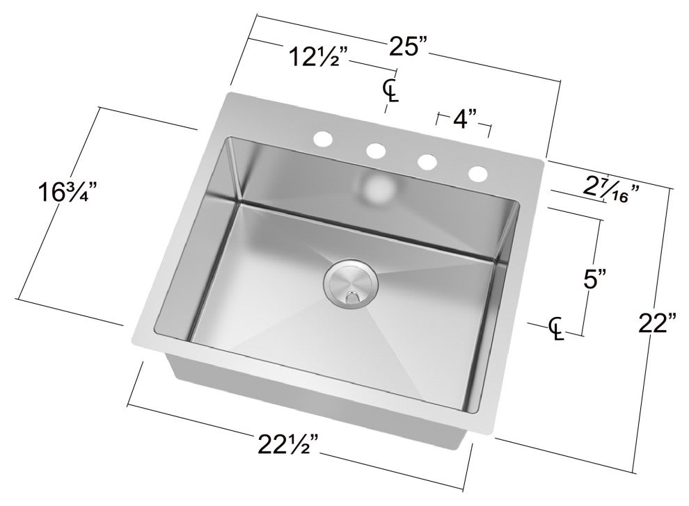 Transolid Diamond 25"x22" Dual Mount Single Bowl Kitchen Sink, Stainless