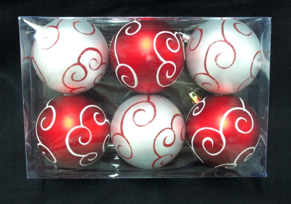 6-Pack Red And White Ball Ornament With Swirl Design