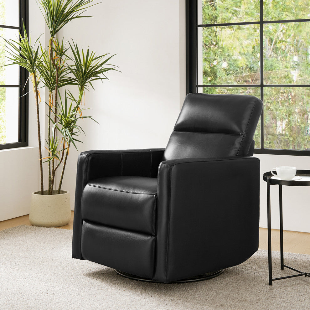Genuine Leather Swivel Rocker Recliner With Adjustable Headrest, Black