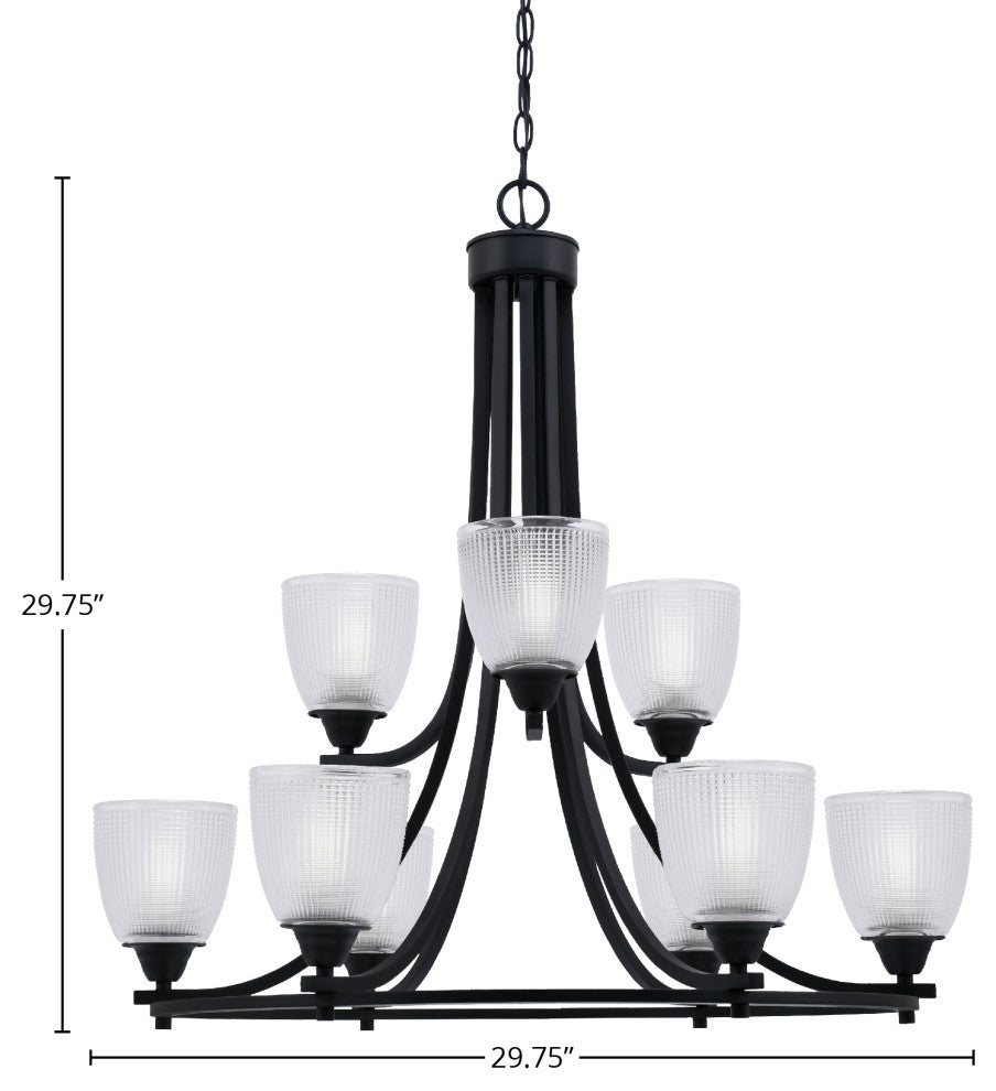 Paramount 9-Light Chandelier, Matte Black, 5" Clear Ribbed Glass