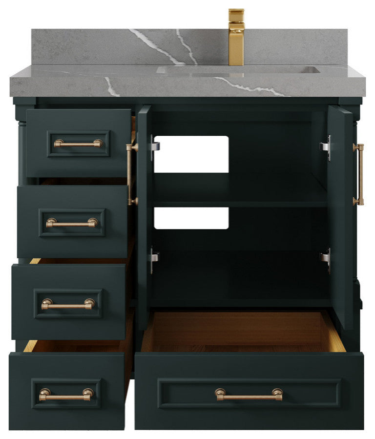 Aberdeen 36 Right Offset Bath Vanity in Dark Forest Green 2" Piatra Gray