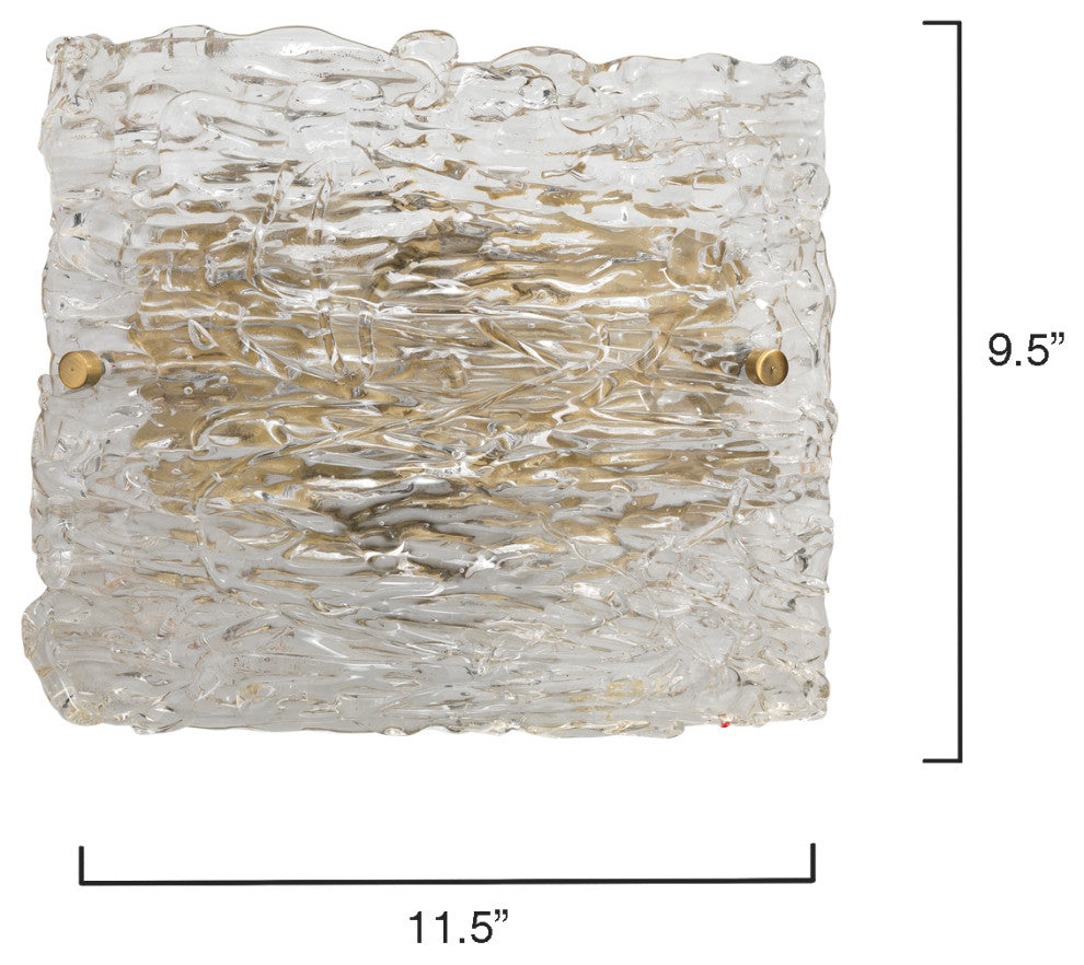 Swan Curved Glass Sconce, Large, Clear Textured Glass and Antique Brass Metal