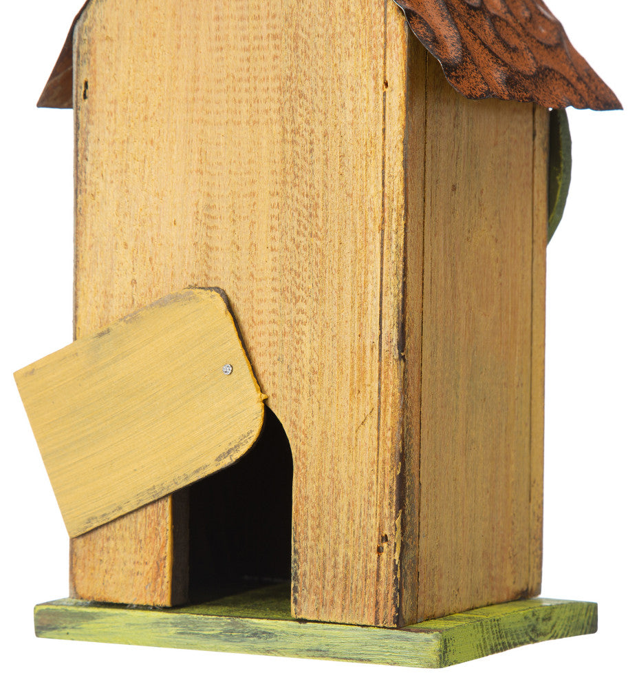 9.75"H Washed Yellow Distressed Solid Wood Birdhouse With 3D Tree and Bird