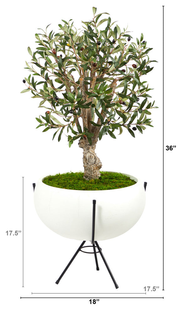 3'' Olive Artificial Tree, White Planter With Metal Stand