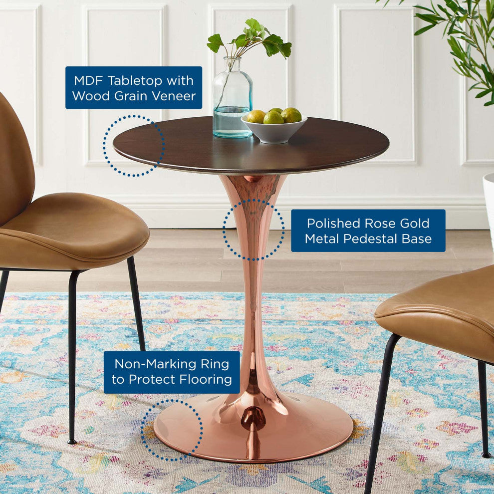 Dining Table, Round, Wood, Rose Gold Dark Brown Brown Walnut, Modern, Bistro