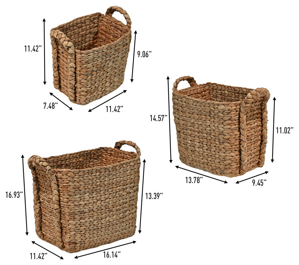 Clara Handwoven Hyacinth Rectangle Storage Floor Baskets With Handles, Set of 3