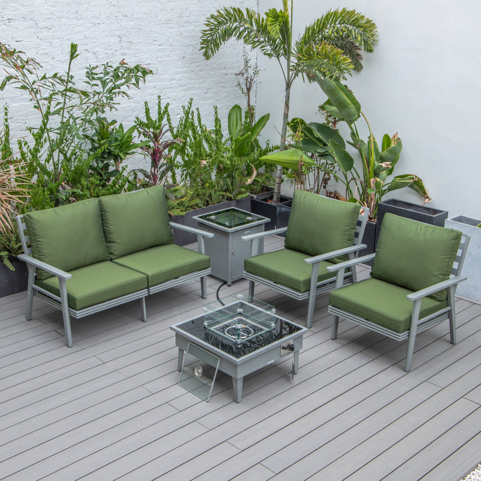 LeisureMod Walbrooke Grey Patio Sofa Set With Square Fire Pit Table, Green