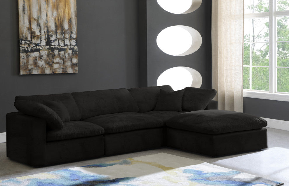 Cozy Velvet Upholstered Comfort L-Shaped Modular Sectional, Black, 4-Piece: 1 Armless Chair, 2 Corner Chair, 1 Ottoman