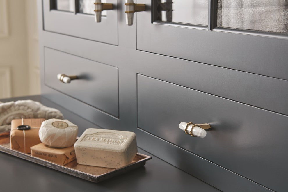 Carrione 2-1/2" Length Cabinet Knob, Marble White/Golden Champagneï¿½