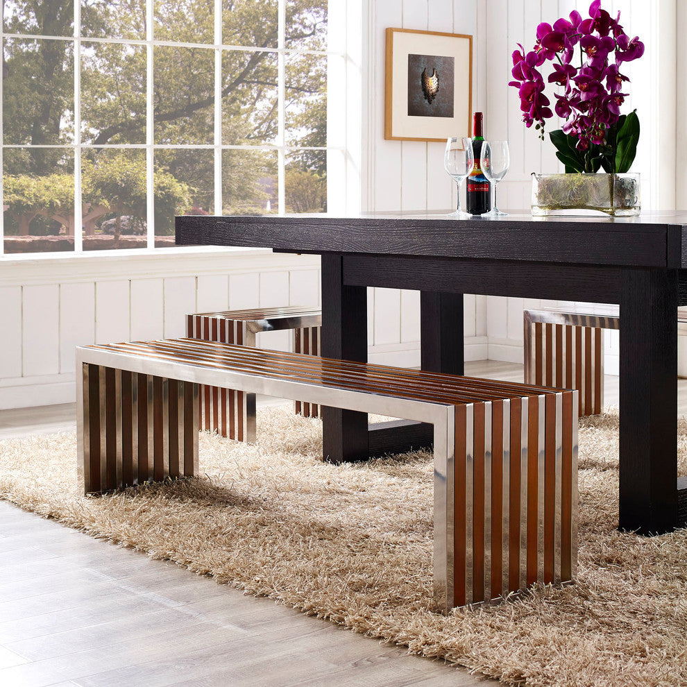 Modern Walnut Gridiron Large Wood Inlay Bench