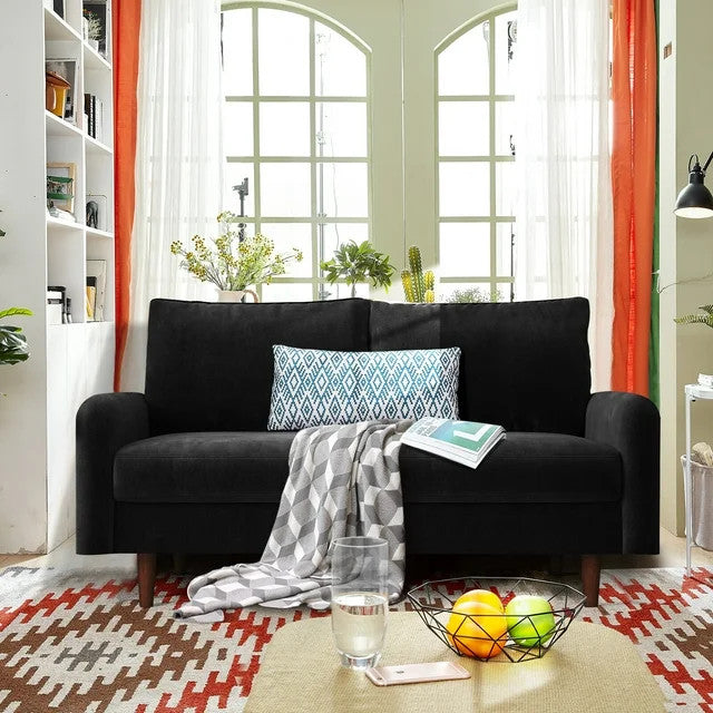 Retro Modern Velvet Loveseat with Tapered Wood Legs and Comfy Upholstered Seat, Black