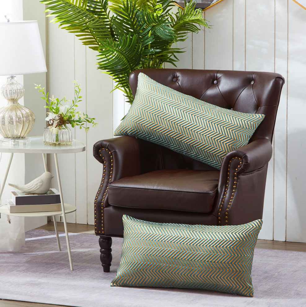 Chevron Jacquard Lumbar 2 Pieces Pillow Shell Set, Deep Teal