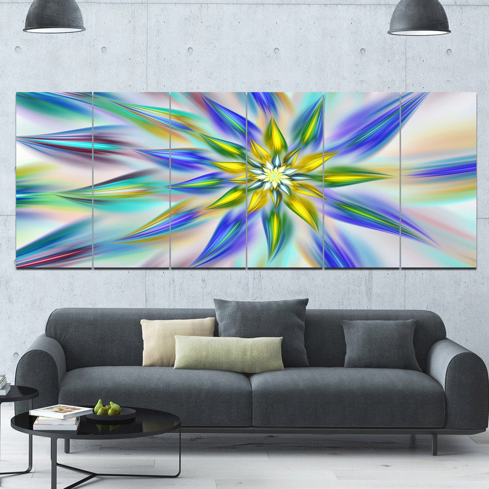 Dancing Blue Fractal Flower, Floral Canvas Art Print, 70"x28", 6 Panels