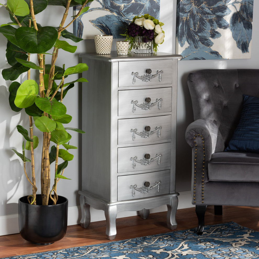Callen Classic and Traditional Brushed Silver Finished Wood 5-Drawer Chest