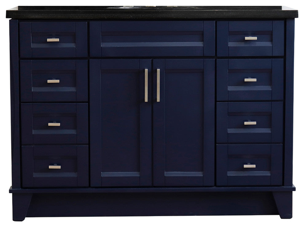 49" Single Sink Vanity, Blue Finish With Black Galaxy Granite And Oval Sink