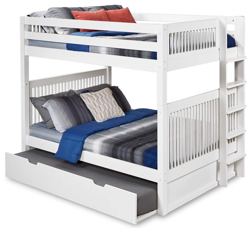 Full over Full Bunk Bed With Twin Trundle, Mission Headboard, Ladder, White