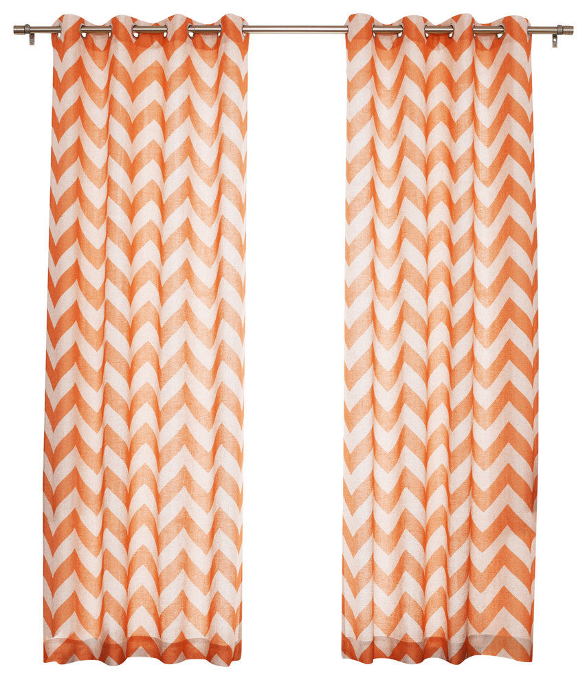Linen Blend Chevron Print Curtains, Pair, Orange, 96"
