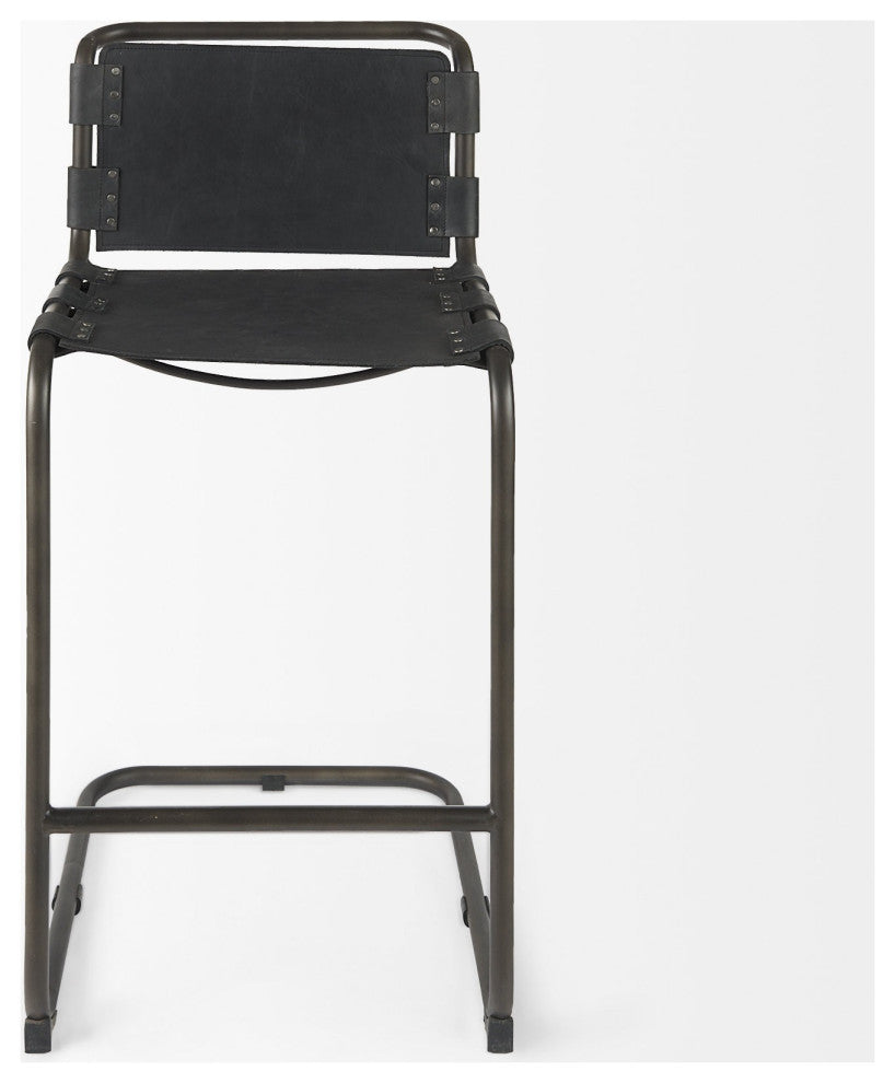 Black Leather Iron Framed Bar Stool