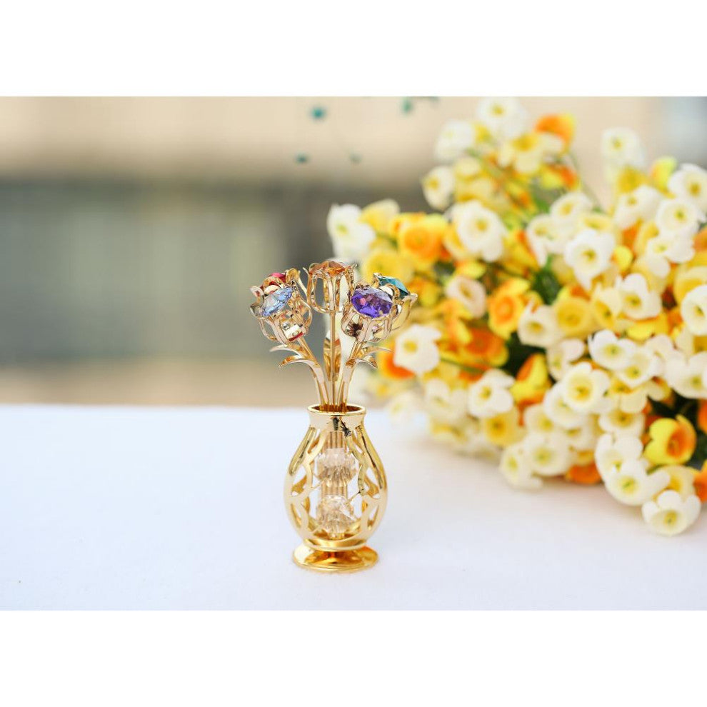 Matashi 24K Gold Plated Flowers Bouquet and Vase, Colorful Crystals Home Decor