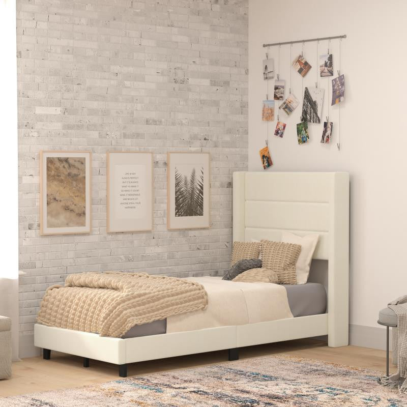 Hollis Upholstered Platform Bed with Wingback Headboard w/Mattress Foundation, Beige, Twin