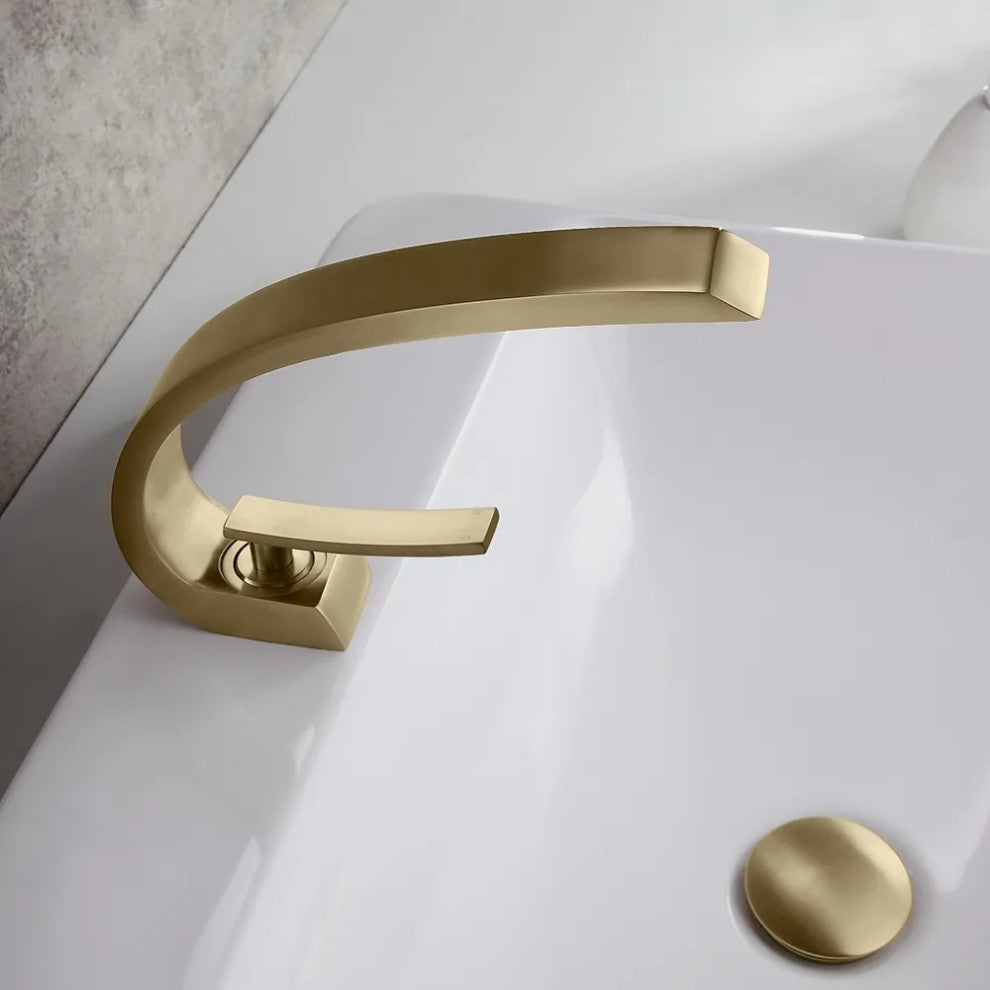 Single Hole 1-Handle Bathroom Sink Faucet Curved Spout with Pop Up Drain, Brushed Gold
