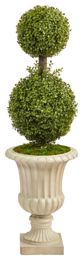4'' Double Boxwood Topiary Artificial Tree, Sand Finished Urn