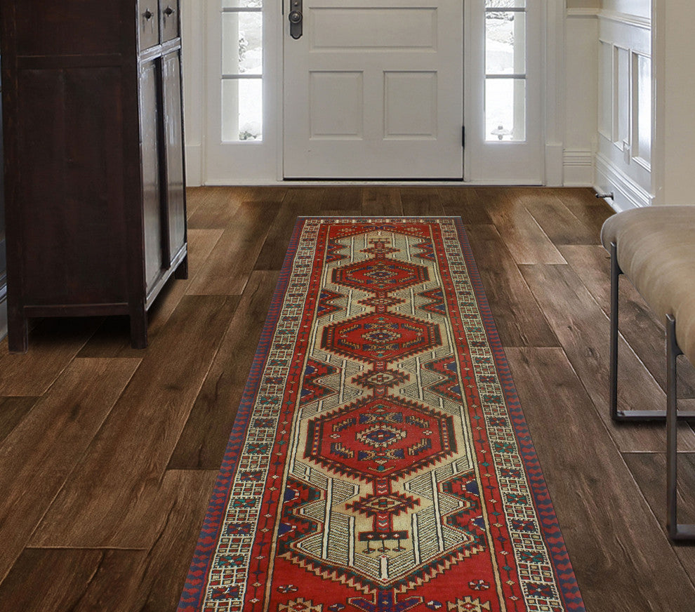 Fine Vintage Distressed Adika Red/Navy Runner, 3'3x9'9