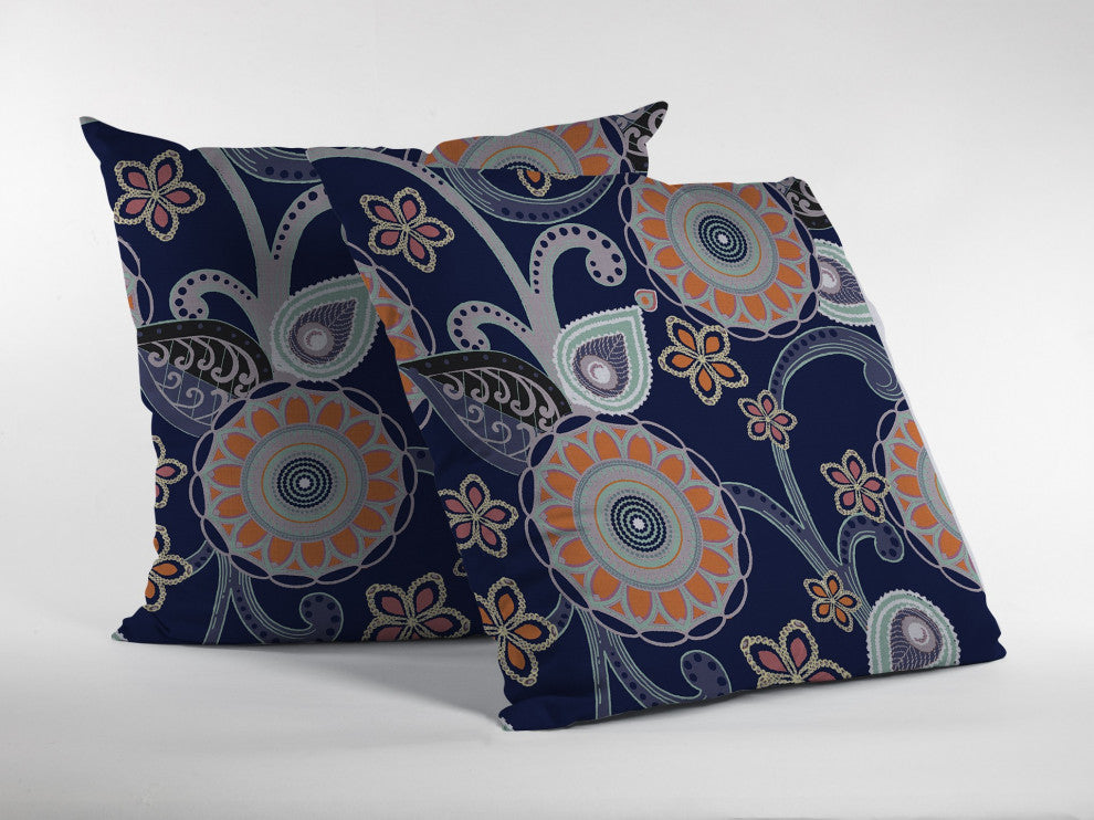 18 Indigo Orange Floral Indoor Outdoor Zippered Throw Pillow