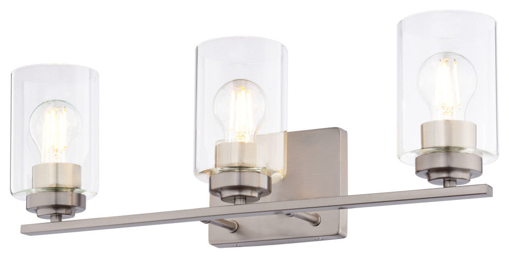 Park Ridge 4.75" 1-Light Black Bathroom Vanity Fixture, Clear Glass Shade, Satin Nickel, 3-Light