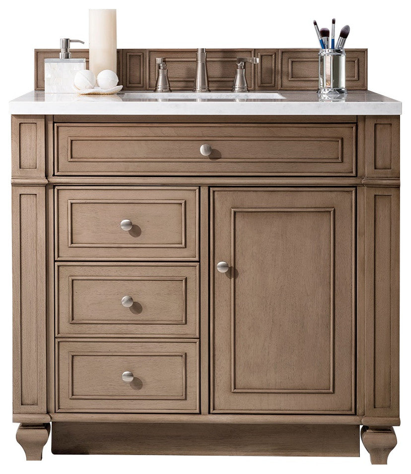 Bristol 36" Single Vanity Whitewashed Walnut, White Zeus Quartz