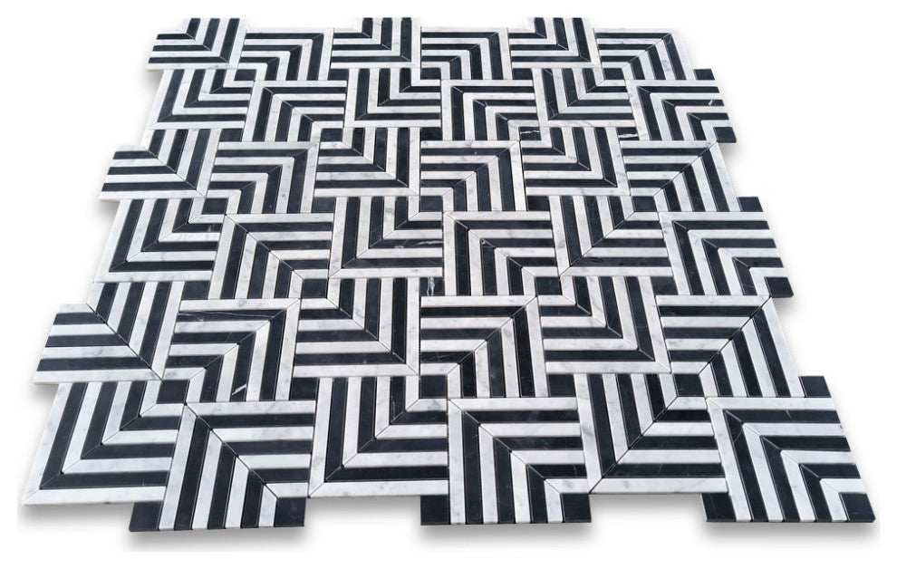 Carrara White Nero Marquina Black Marble Maze Square Weave Mosaic Tile, 1 sheet