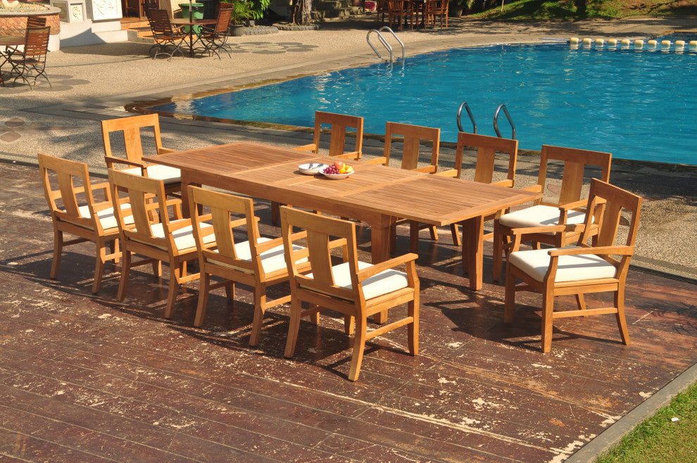 11-Piece Outdoor Teak Dining Set: 122" Extn Rectangle Table, 10 Osbo Arm Chairs