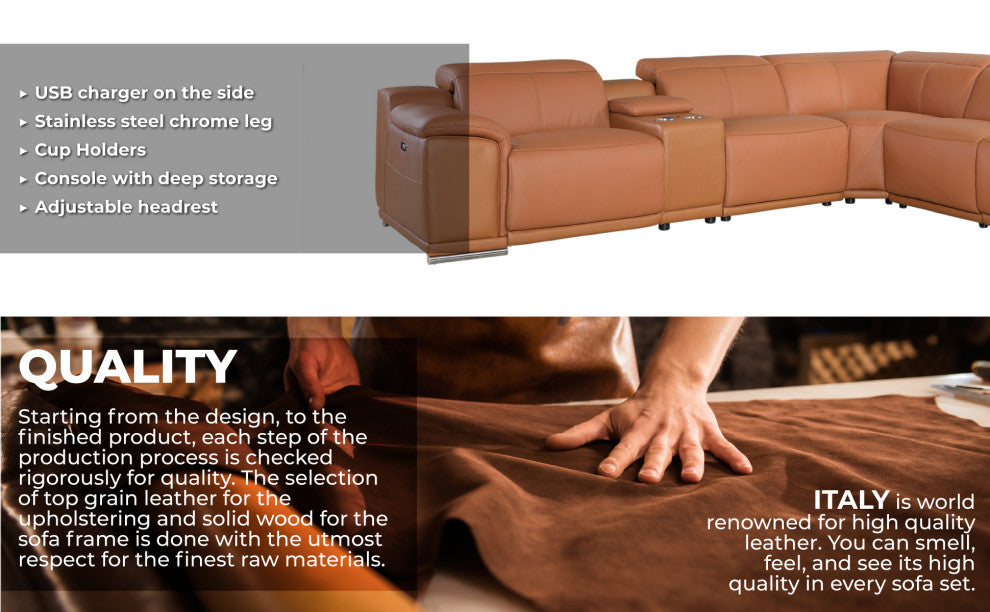 Federico 8-Piece L-Shaped Italian Leather Sectional, 4 Power Recliners, Cognac