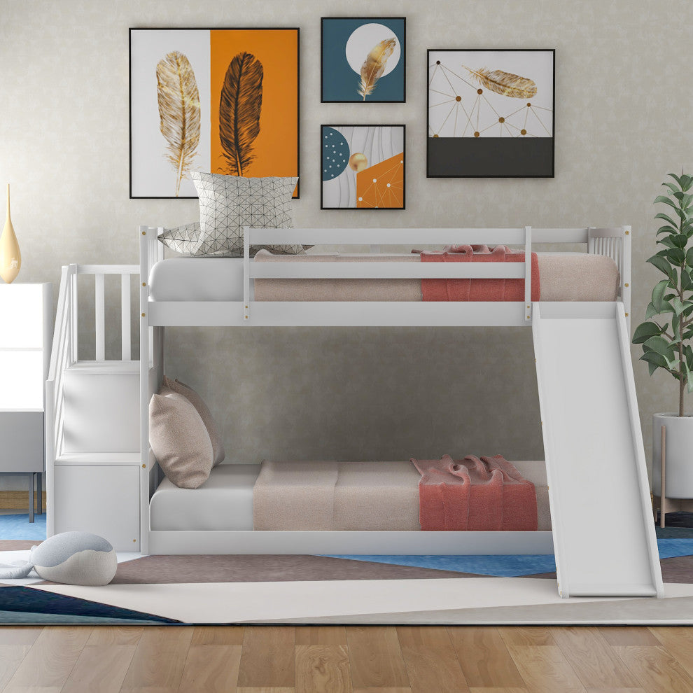 Gewnee Wood Twin Over Twin Bunk Bed with Convertible Slide and Stairway in White