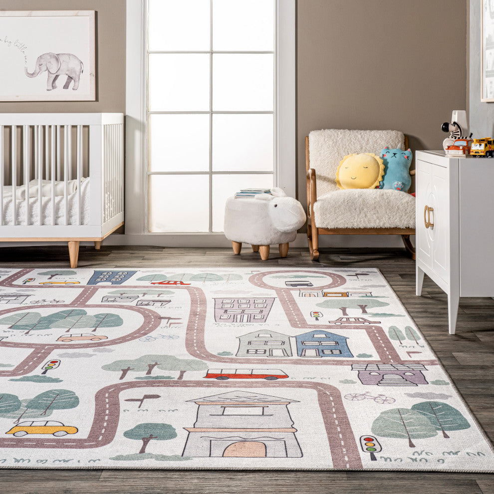 Nuloom Chalea Kids Town Machine Washable Area Rug, White Multicolor 5'x8'