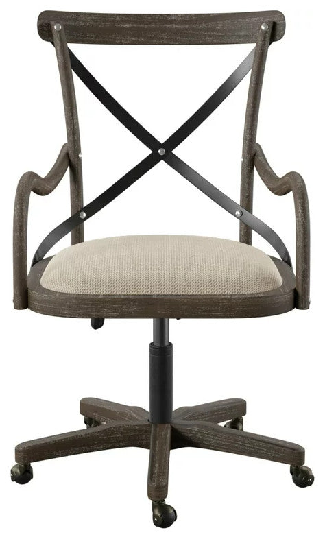 French Country Office Chair, Wooden Frame With Curved Arms & X-Shaped Backrest