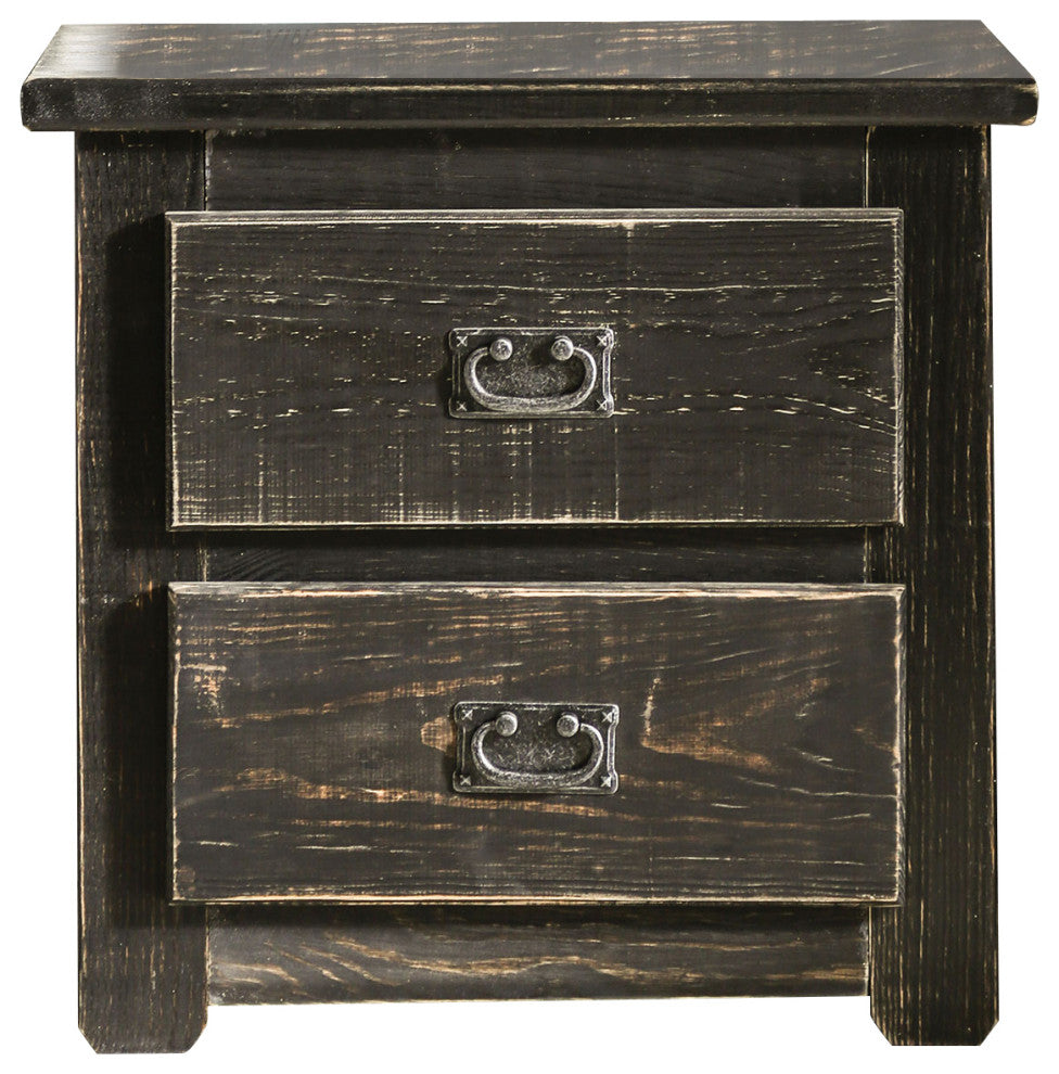 Plank Design 2 Drawer Wooden Nightstand with Bail Pulls, Black