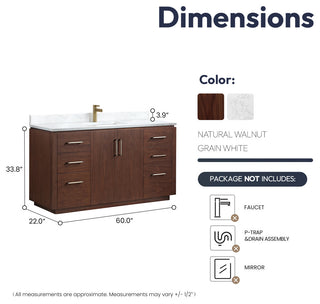 San Bath Vanity with Stone Top, Natural Walnut, 60" Single Sink, Single Vanity, No Mirror